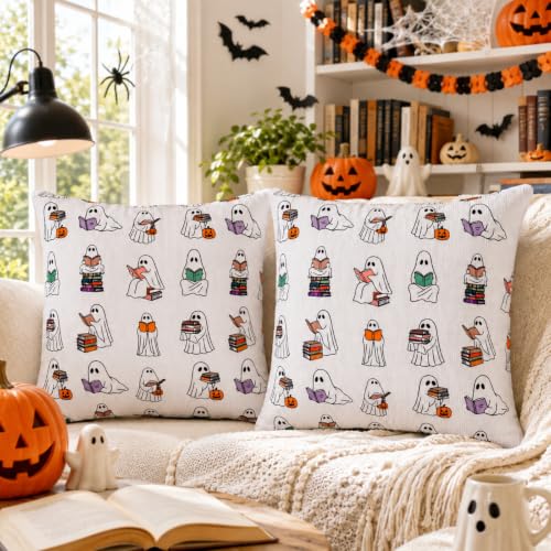 Halloween Ghost Reading Pillow Covers - 2 Pack, 18x18 Inch Bookish Decorative Pillowcases
