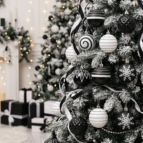 Medium 2-Inch Black and White Shatterproof Christmas Ornaments Set - Modern Holiday Decor