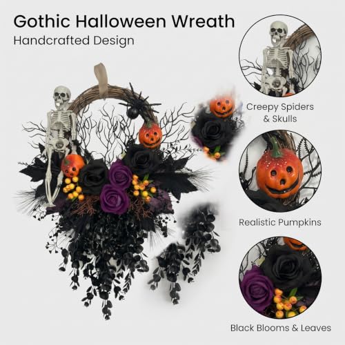 Halloween Gothic Skull Wreath for Front Door 16-Inch Spooky Decor
