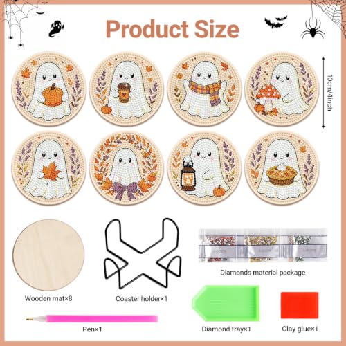 Halloween Ghost Diamond Art Coasters Set with Holder - Wooden DIY Fall Table Decor