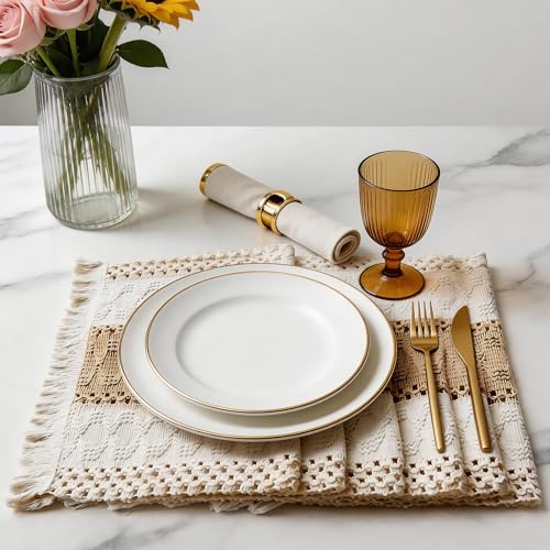 Boho Placemat Set - 6 Rustic 11.8 x 19 Inch Table Mats with Macrame Tassels