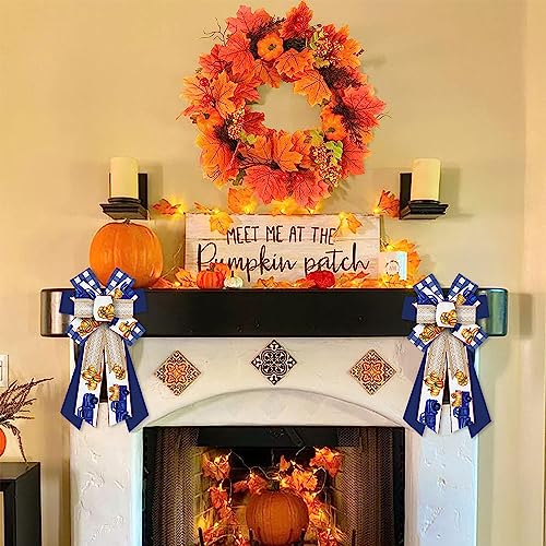 Large Fall Pumpkin Bow for Wreath Blue Buffalo Plaid Burlap Thanksgiving Decoration - Style 1