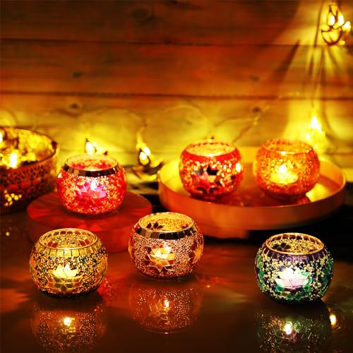 Diwali Candle Holders Set - Floral Mosaic Glass Tea Light Decor, 6 Pieces