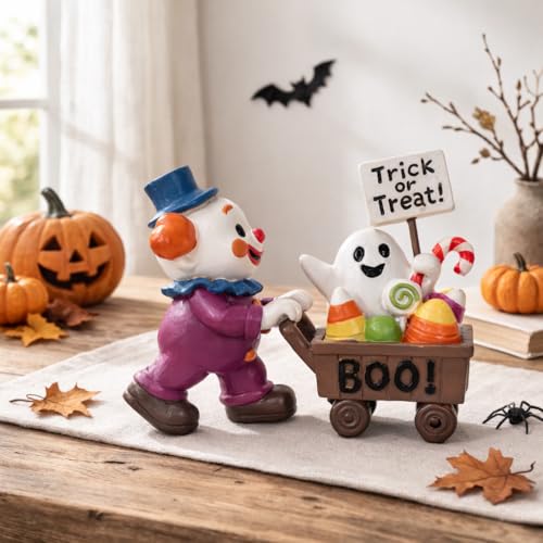 Hand-Drawn Halloween Clown Figurine with Candy Cart - Indoor Decor