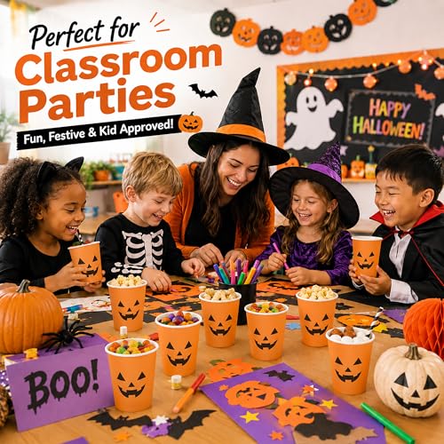 Halloween Pumpkin Cups 100Pcs - Jack O Lantern Disposable 9oz Party Drinkware