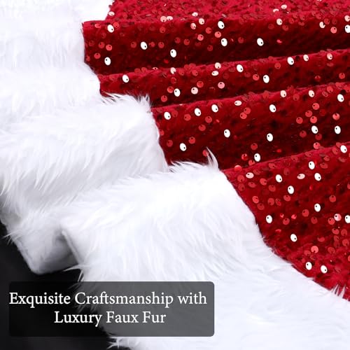 Sequin Christmas Tree Skirt 48 Inch with Faux Fur Edge - Red Holiday Decor