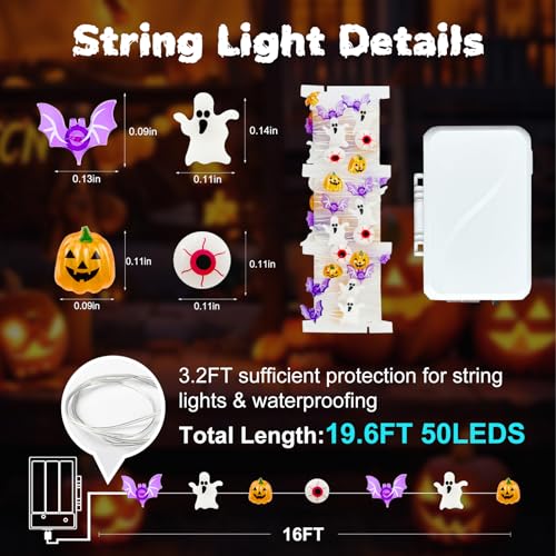 Halloween String Lights 16ft 50LED Pumpkin Bat Eyeball Ghost Waterproof USB & Battery Powered with Remote Control - 2 Pack