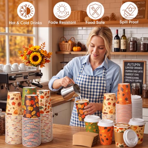 Orange Cartoon Fall 12oz Coffee Cups with Lids and Sleeves Bulk Set