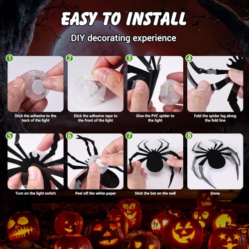 Green LED 3D Spider Halloween Decorations Set - 36pcs with 4 Sizes & Shapes