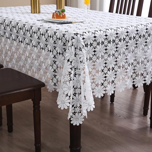 White Crochet Lace Rectangular Tablecloth 104x60 Inches Rustic Wedding & Party Cover