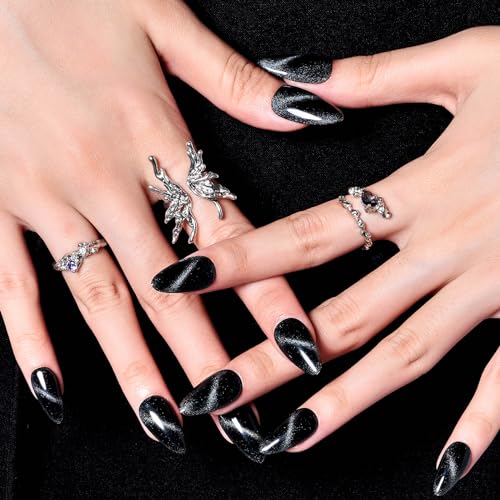 Black Paradise Cat Eyes Press On Nails - Medium Almond Stiletto Fake Nails with Variation