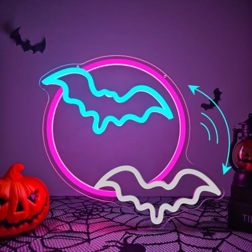 Enshanneon Moon Bats Neon Sign - Flashing Bats Halloween LED Wall Light
