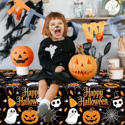 Black Halloween Tablecloth 3 Pack 54x108 Inches Disposable Plastic Cover with Pumpkin Ghost Designs