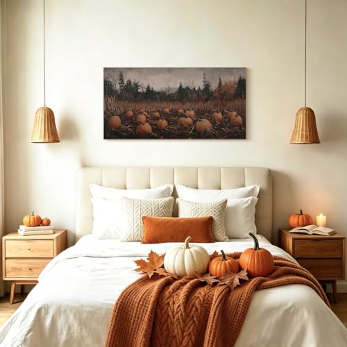 Large Fall Pumpkin Patch Canvas Wall Art - Framed 40x20 Inches - Orange Pumpkin Field