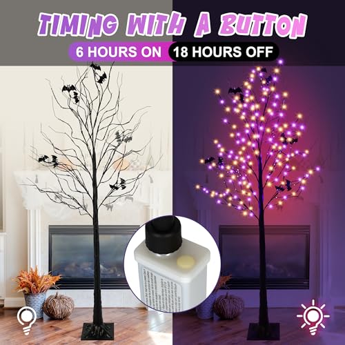 Purple & Orange Halloween Lighted Tree with 260 LEDs, 6FT, Dimmable & Timer, Indoor Outdoor Decorations