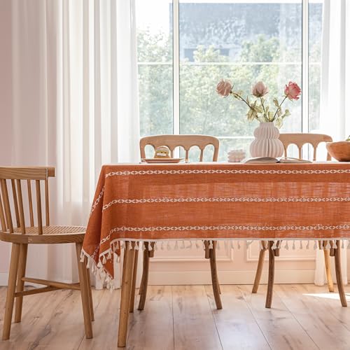 120x55 Inch Burnt Orange Linen Tablecloth with Tassel Edges for Dining & Holiday