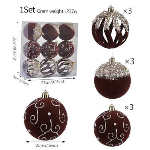 Brown Velvet Glitter Christmas Ornaments Set - 9PCS Holiday Tree Decor