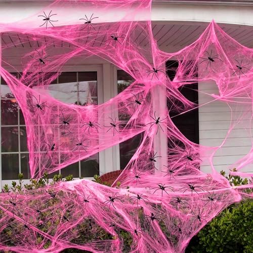 Pink Halloween Spider Web Decor with 60 Fake Spiders - 1000 Sq Ft Indoor Outdoor