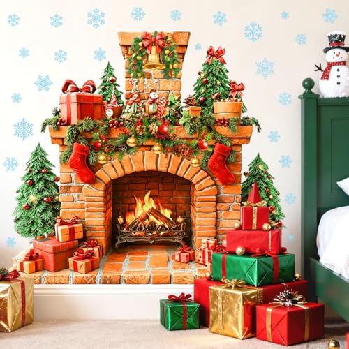 Christmas Fireplace Wall Decals - Snowflakes & Winter Tree Stickers - Removable Holiday Mural - Fireplace Variation