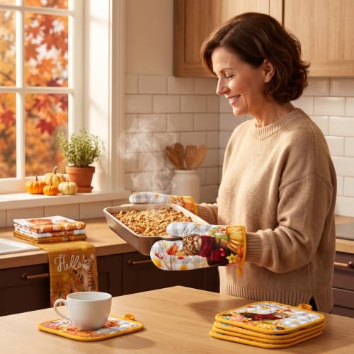 Fall Pumpkin Cat Oven Mitts & Kitchen Towel Set - Variation of Pumpkin Cat