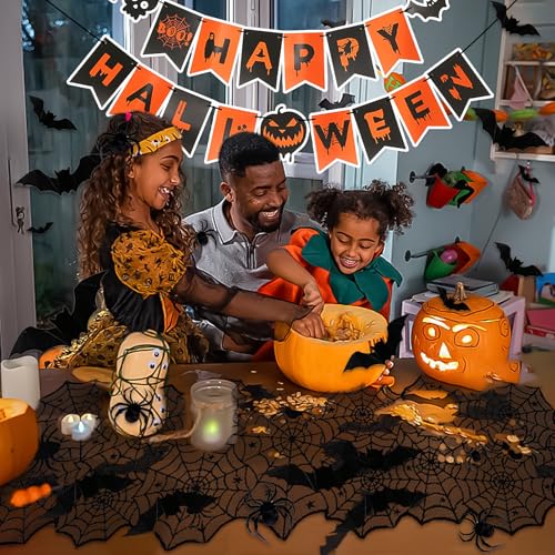 Halloween Decor Set - Mantel Scarf, Spider Table Runner, 3D Bats & Spiders, Happy Halloween Banner - Black 2