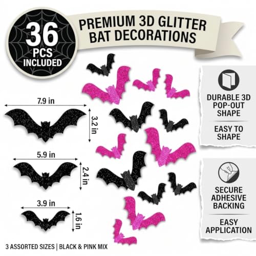 Halloween Glitter Bat Wall Decals Set - 36pcs Pink & Black Party Decorations