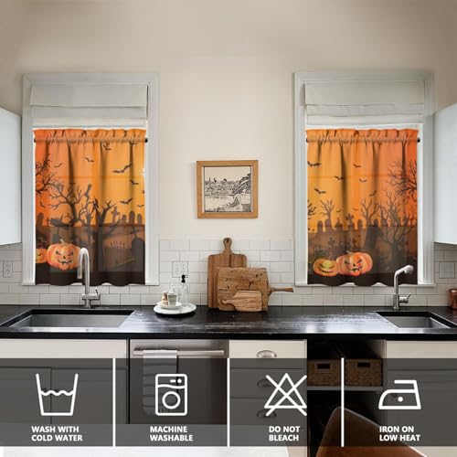 Halloween Spooky Kitchen Curtains Set - 3 Pieces, 54x18 Valance & Tier Panels, Pack of 3 - Ghosts Bats &