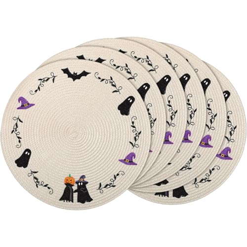Halloween Round Placemats Set - Embroidered Heat-Resistant Table Decor - 6 Pieces