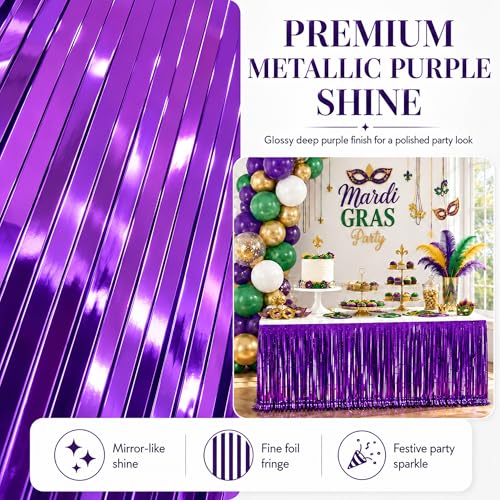 4 Pack Purple Foil Fringe Table Skirt - 29x108 Inch Metallic Tinsel Streamers