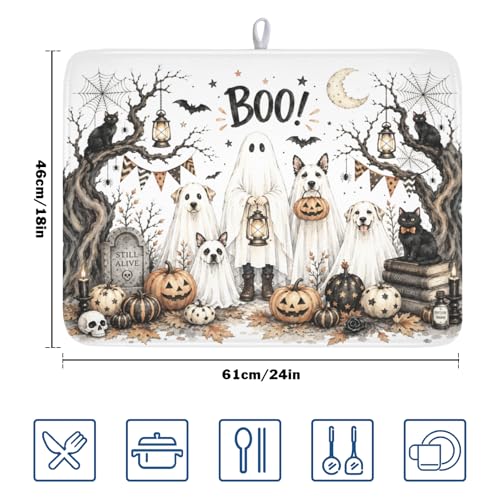 Halloween Dog Dish Drying Mat Ghost 18x24 Inch Absorbent Non-Slip