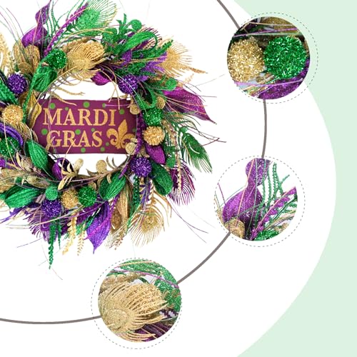 20-Inch Mardi Gras Glitter Wreath with Sign - Purple & Green Indoor Outdoor Decor, Variation: Green