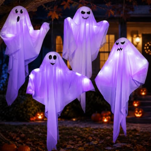 Light Up Halloween Ghost Decorations - Purple Ghosts 27.5 Inch Pack of 4 with LED Lights