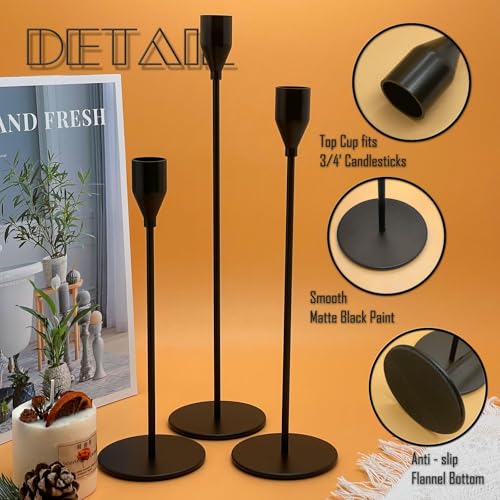 Matte Black Candlestick Holders Set - 3 Pack, 9-13 Inch Modern Table Decor