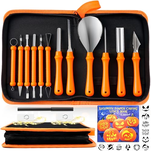 Halloween Pumpkin Carving Kit with Stencils & LED Lights - Classic Set with Accessories