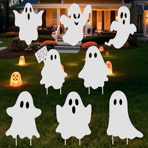 8PCS Halloween Ghost Yard Signs Outdoor Decor with Stakes and Hanging Options