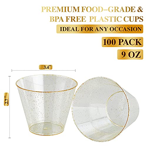 Gold Glitter Plastic Cups - 100 Pack, 9 oz Disposable Party Cups