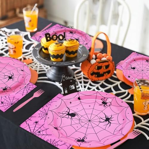 Pink Halloween Spider Web Disposable Dinnerware Set for 24 Guests