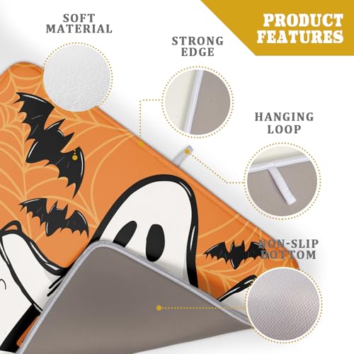 Halloween Dish Drying Mat - Boo Orange Ghost & Bats, 24x18 Inches, Reversible Microfiber Kitchen Protector