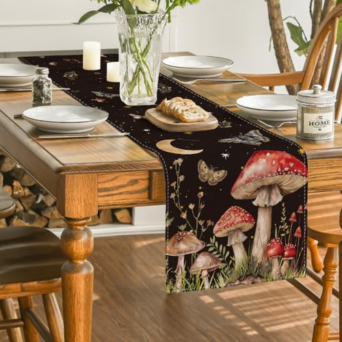 Autumn Mushroom Moon and Moth Table Runner - Seasonal Kitchen Decor 13x72 Inch