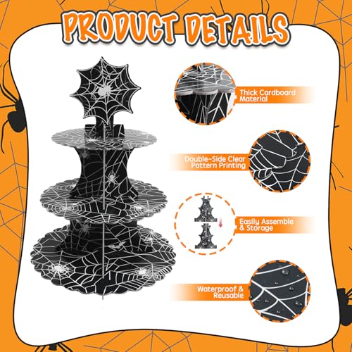 Halloween Spider Web Cupcake Stand - 3-Tier Gothic Dessert Tower with Spider Web Pattern, Black, Kids & Adults Party Decor - Variation: Spider Web