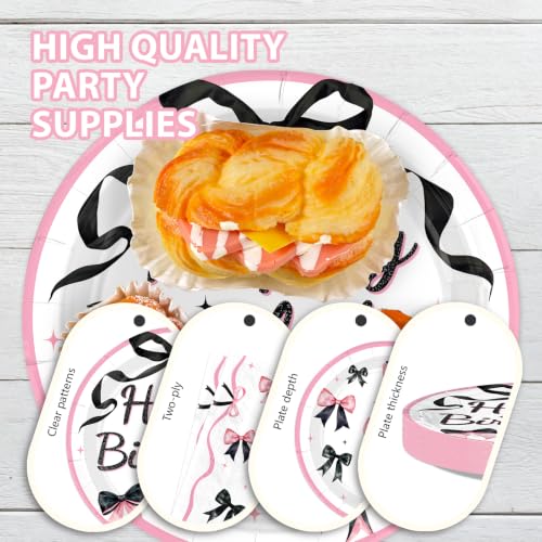 Black Pink Bow Birthday Party Supplies Set - Serves 24, 96 Pieces