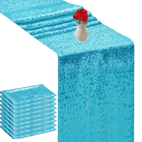Turquoise Sequin Table Runners 72 Inches Long for Wedding Party 10 Pack