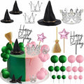 Witch Cake Topper Set with Hats Crowns Brooms & Ball Decorations for Halloween & Birthday Parties