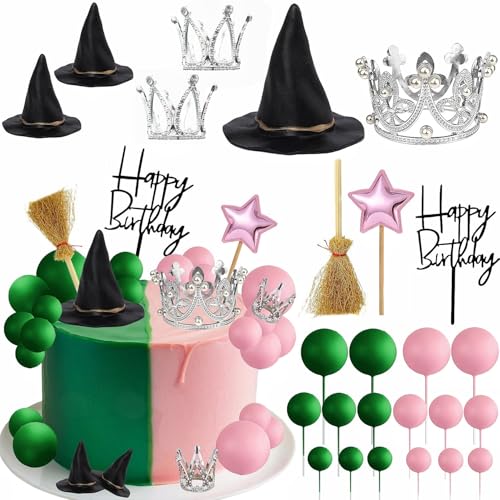 Witch Cake Topper Set with Hats Crowns Brooms & Ball Decorations for Halloween & Birthday Parties