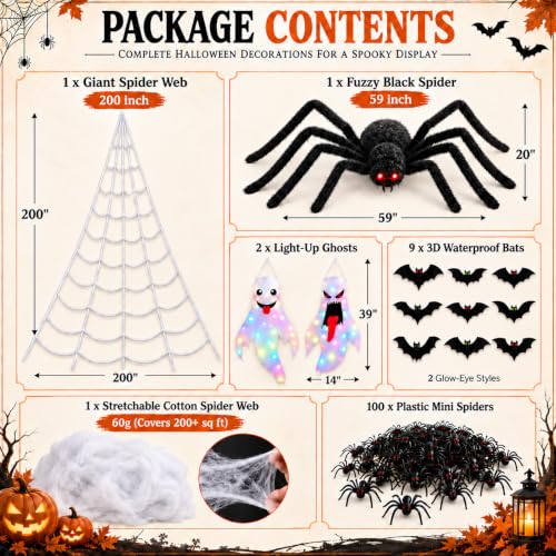 Outdoor Halloween Decorations Set with Web, Spider, Ghosts & Bats - Spooky Yard Decor Bundle
