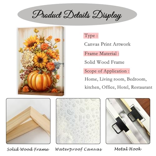 Fall Pumpkin Sunflower Canvas Wall Art - 12 x 18 Inches Thanksgiving Decor V2