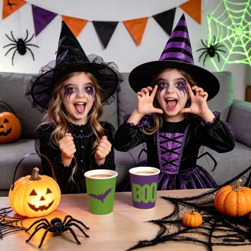 Halloween Paper Cups 9oz - Spider Design, Colorful Spider Variation, 48 Pack
