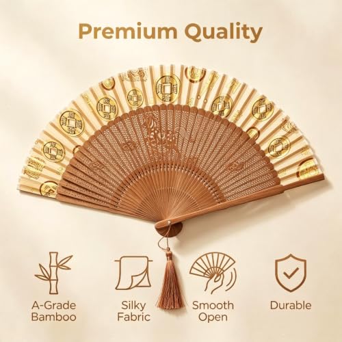 Hand Held Fan for Women Japanese Vintage Bamboo Silk Elegant for Dance Festival Wedding Party - Medium / Get Rich Quick