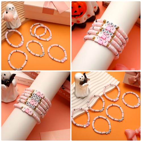 48 Pcs Halloween Party Favors Pink Boo Clay Bead Bracelets Bulk