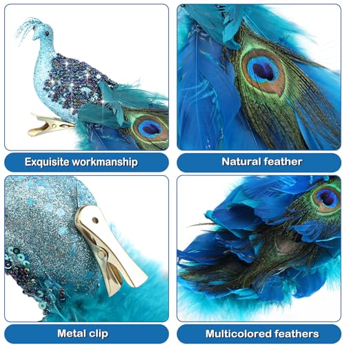 Set of 4 Peacock Christmas Tree Ornaments - Long Feather Bird Decorations for Holiday Decor